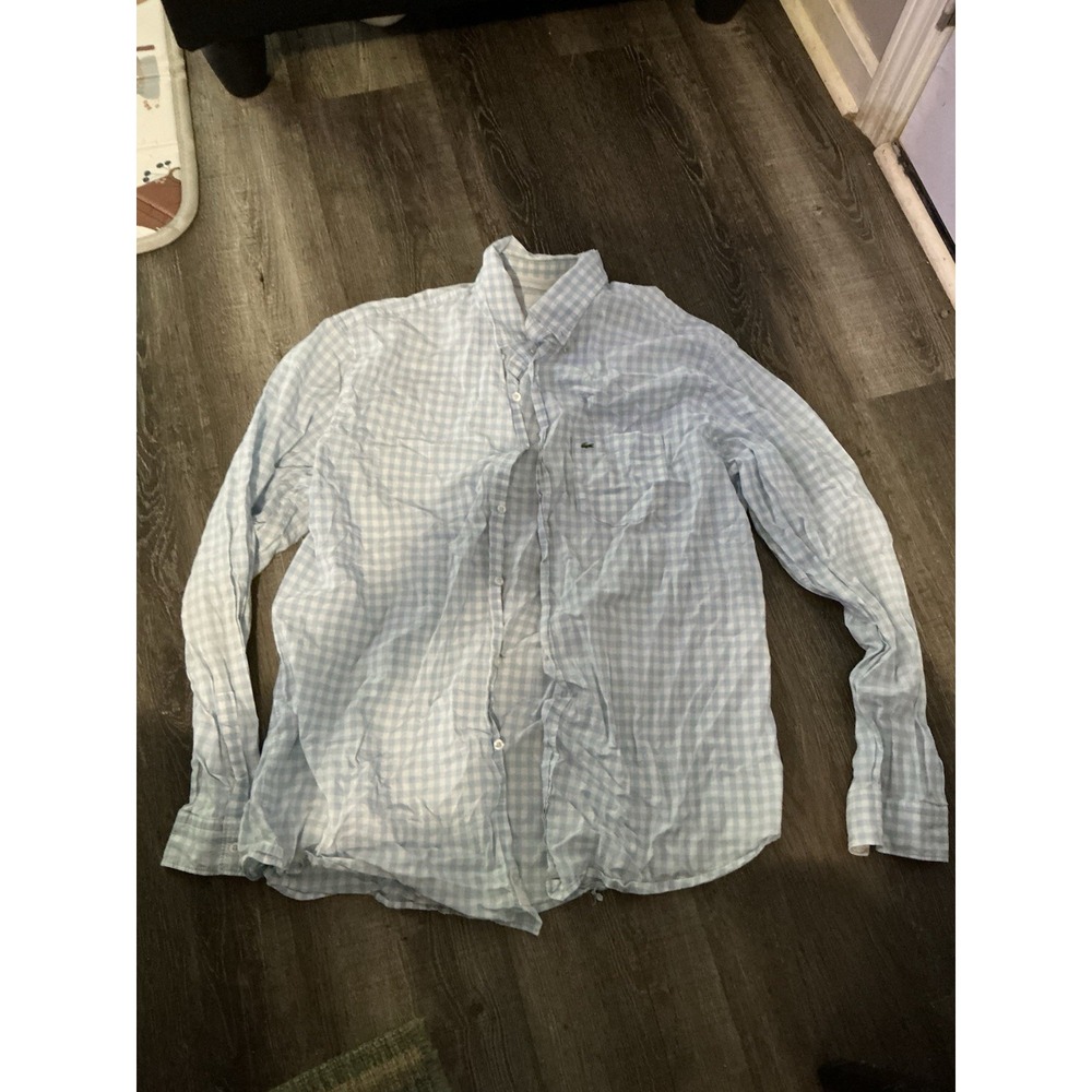Lacoste Button Down Shirt Mens 45/XL Light Blue Gingham Cotton Preppy Classic